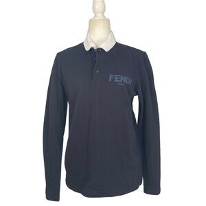 Fendi Long Sleeve Cotton Polo Shirt Blue contrast White Collar Fendi Logo